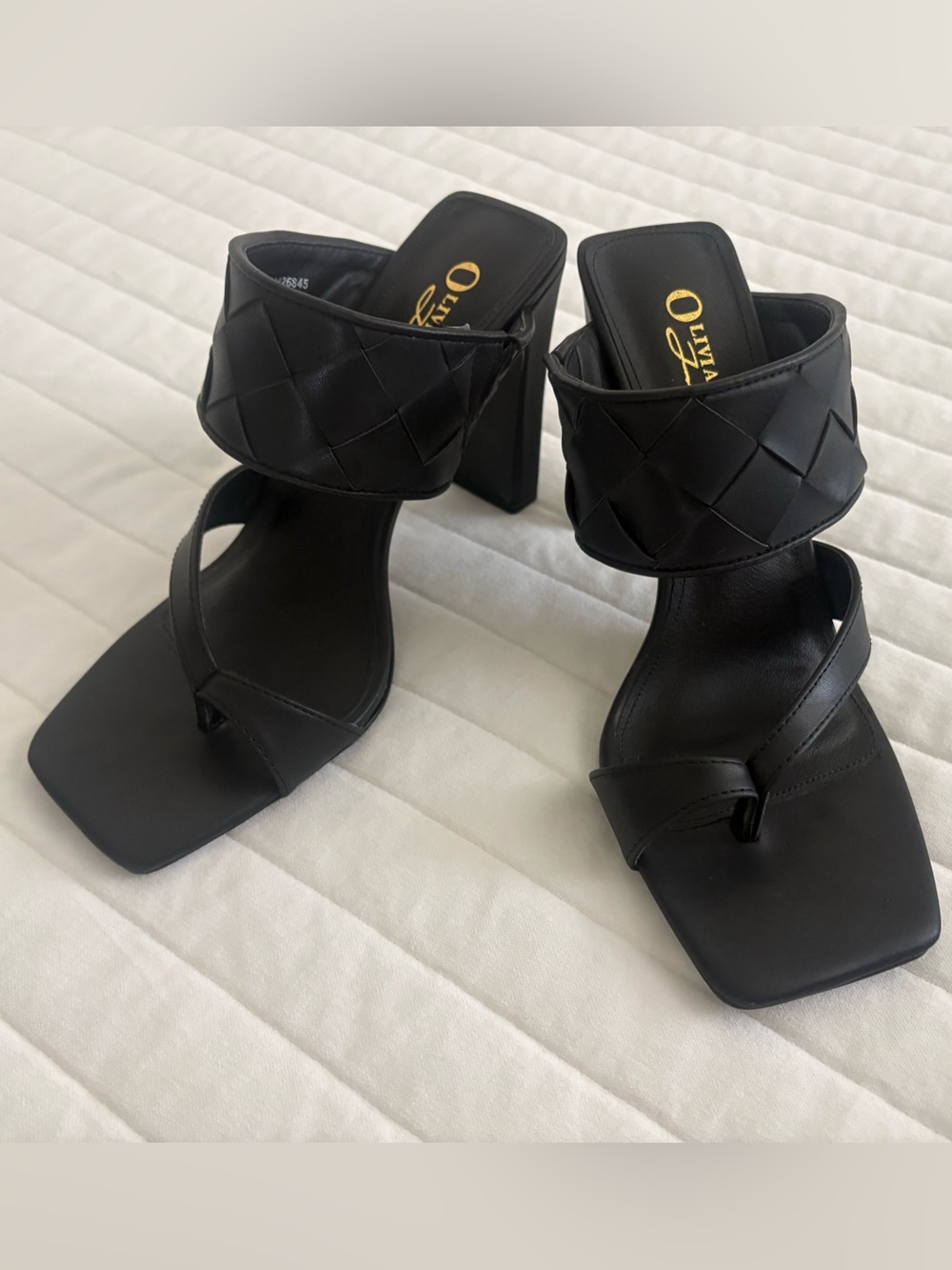 Olivia Miller Black Woven Strap Block Heel Mule